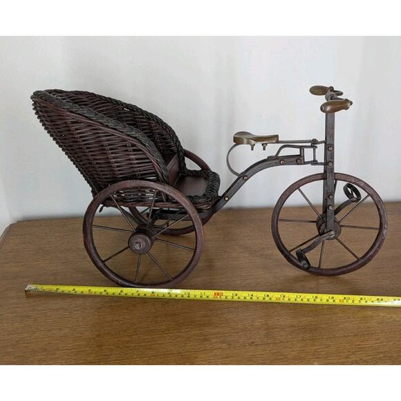 Vintage Wooden & Metal Miniature Doll Tricycle Rickshaw Wicker Seat 12" x 22" - Picture 12 of 16